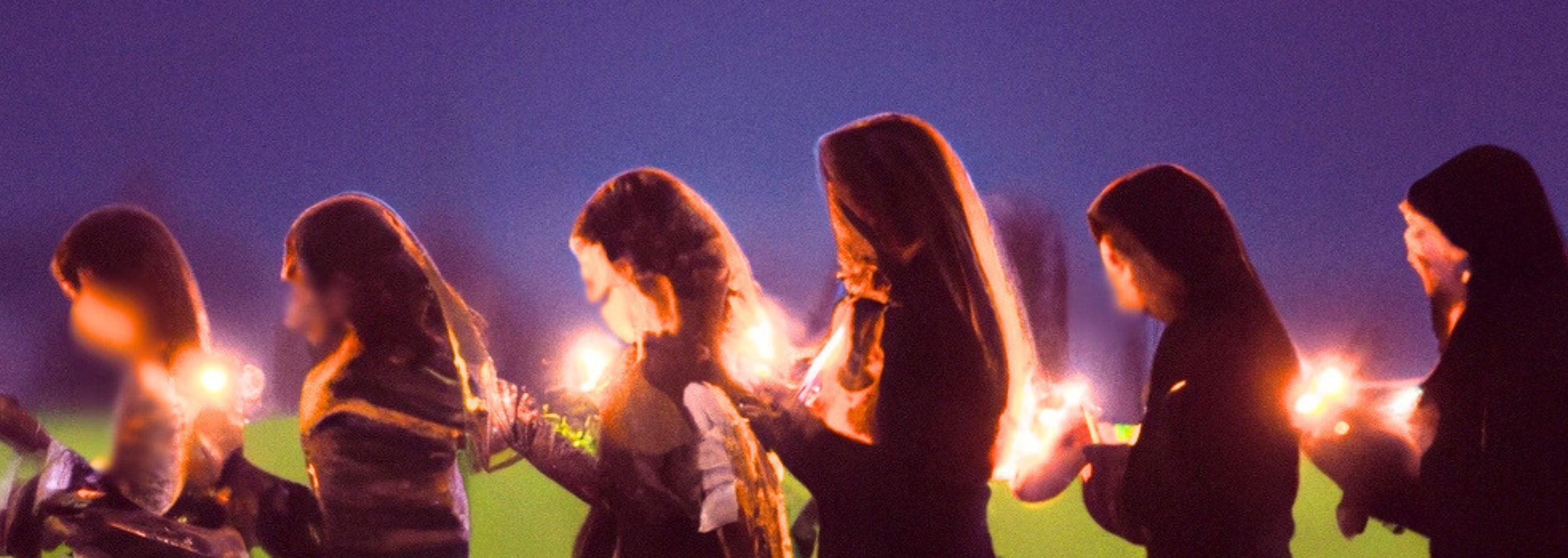 File de femmes marchant dans la nuit avec chacune une chandelle dans les mains, dans une atmosphère sacrée et mystérieuse.