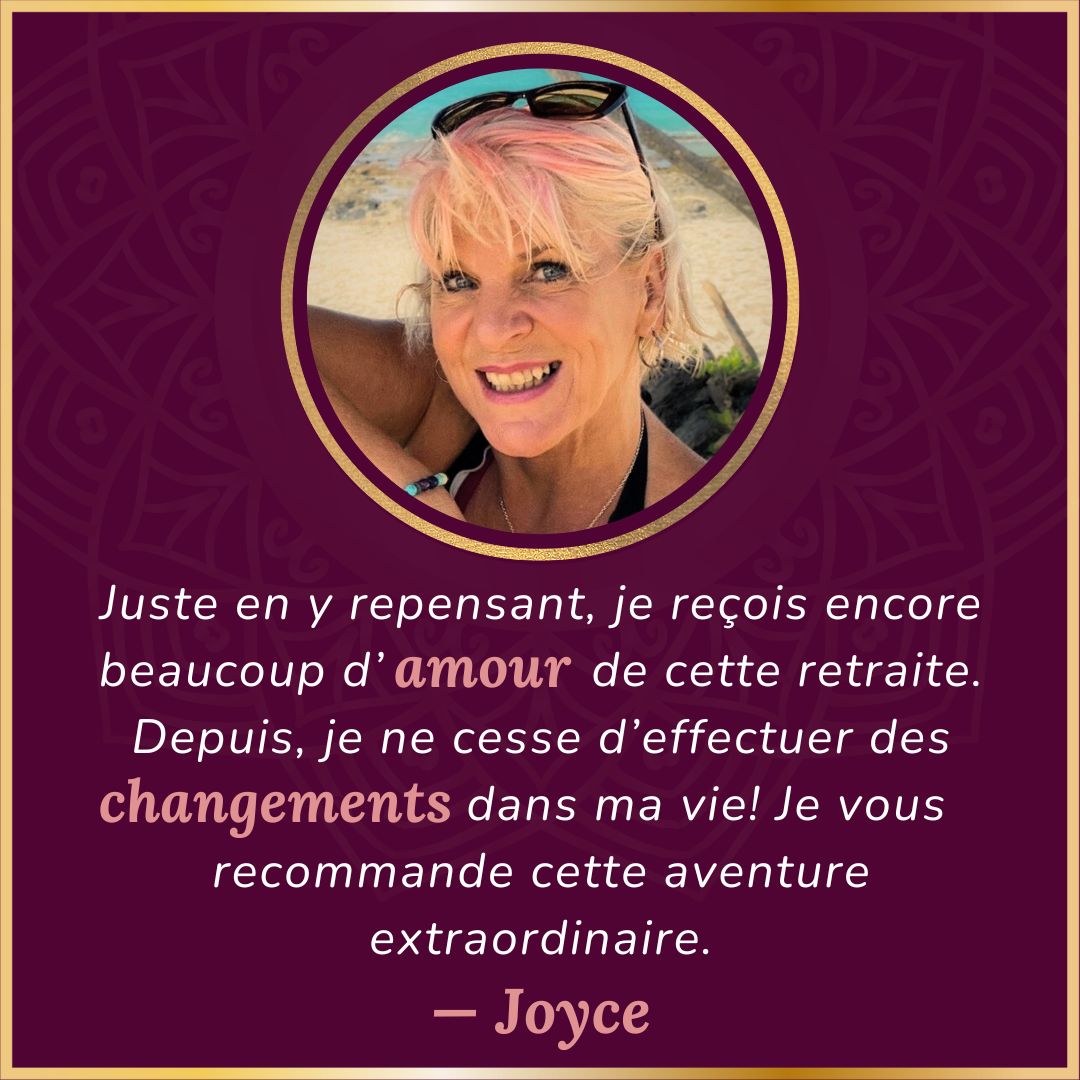 Témoignage sur les services d'Orange Baladi provenant de Joyce sur fond mauve foncé avec sa photo dans un cadre doré en forme de cercle.