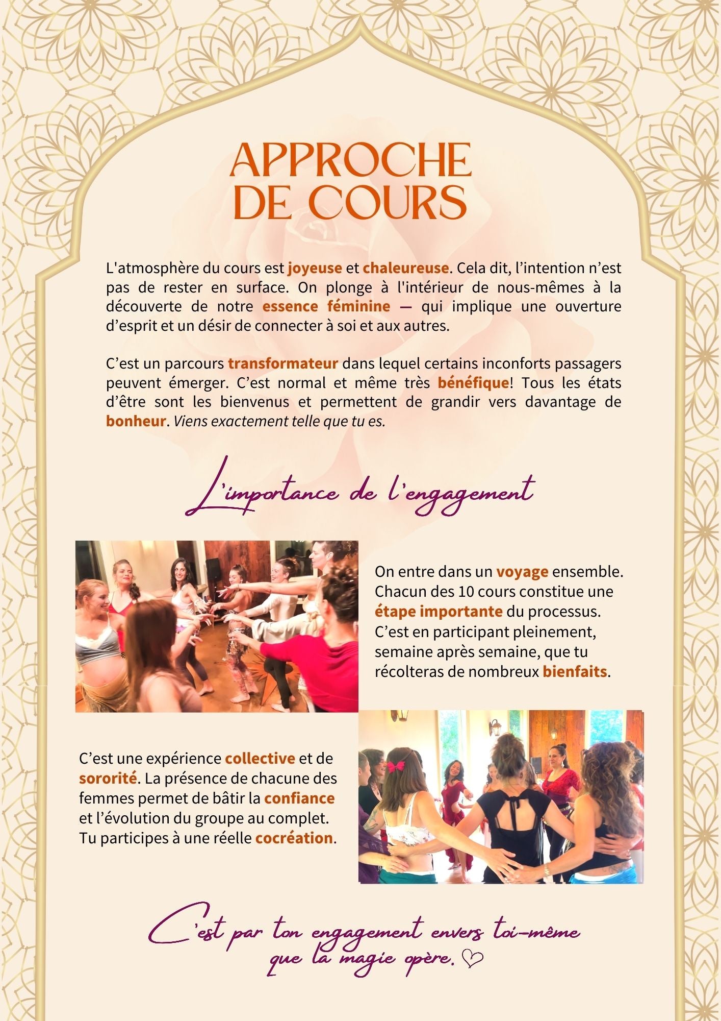 Texte avec photos de femmes qui dansent, traitant de l'importance de l'engagement sur les 10 semaines de la session de cours hebdomadaires de baladi.