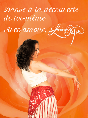 Loréanne Natola, la fondatrice d'Orange Baladi, danse sur un fond de fleur orangée, aux côtés du texte suivant: «Danse à la découverte de toi-même. Avec amour, Loréanne Natola» (version verticale).