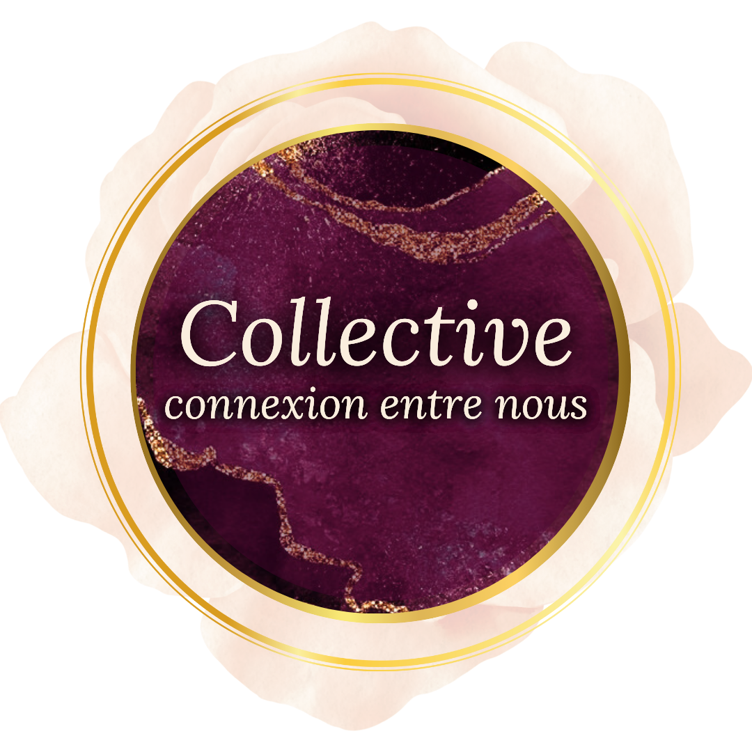 Visuel circulaire de couleurs mauve et doré où l'on peut lire: Collective, connexion entre nous.