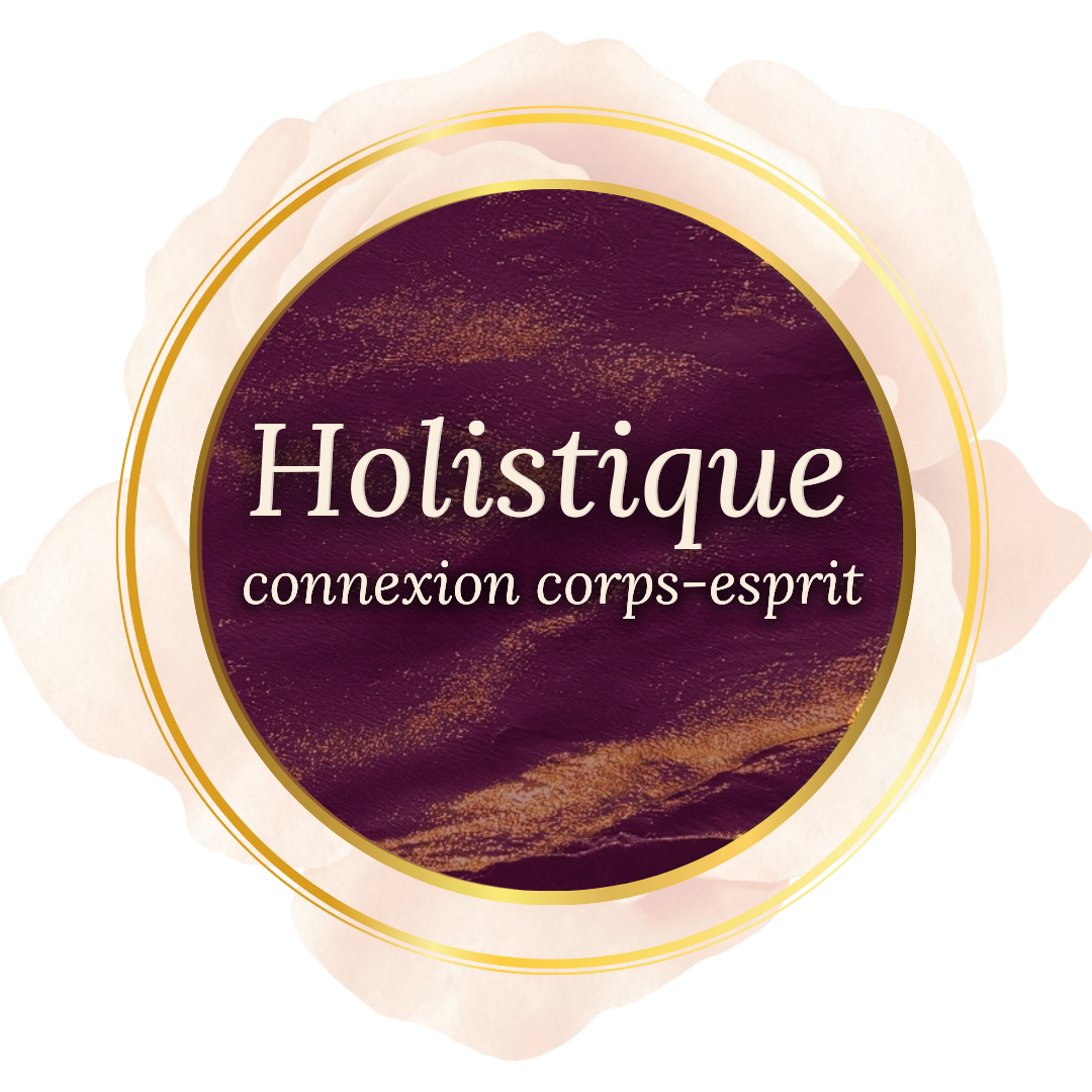 Visuel circulaire de couleurs mauve et doré où l'on peut lire: Holistique, connexion corps-esprit.